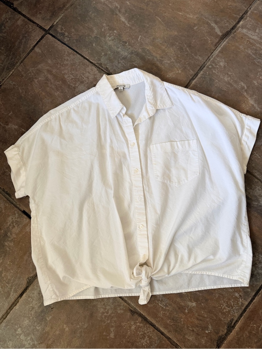 Madewell White Short-Sleeve Button-Down Shirt with Front Tie